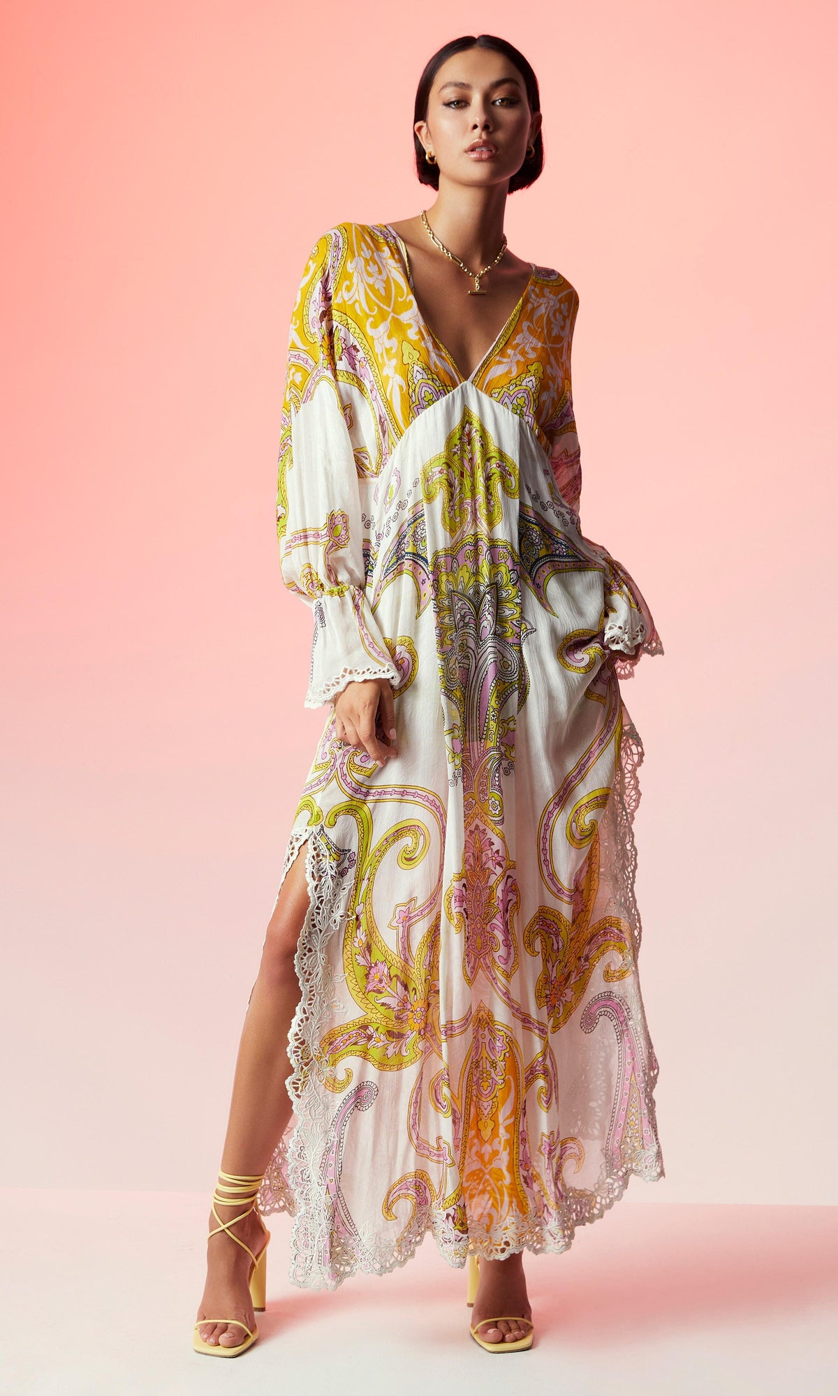 Womens | Agra Viscose Crepe Geometrical Jacquard Kaftan | Off White