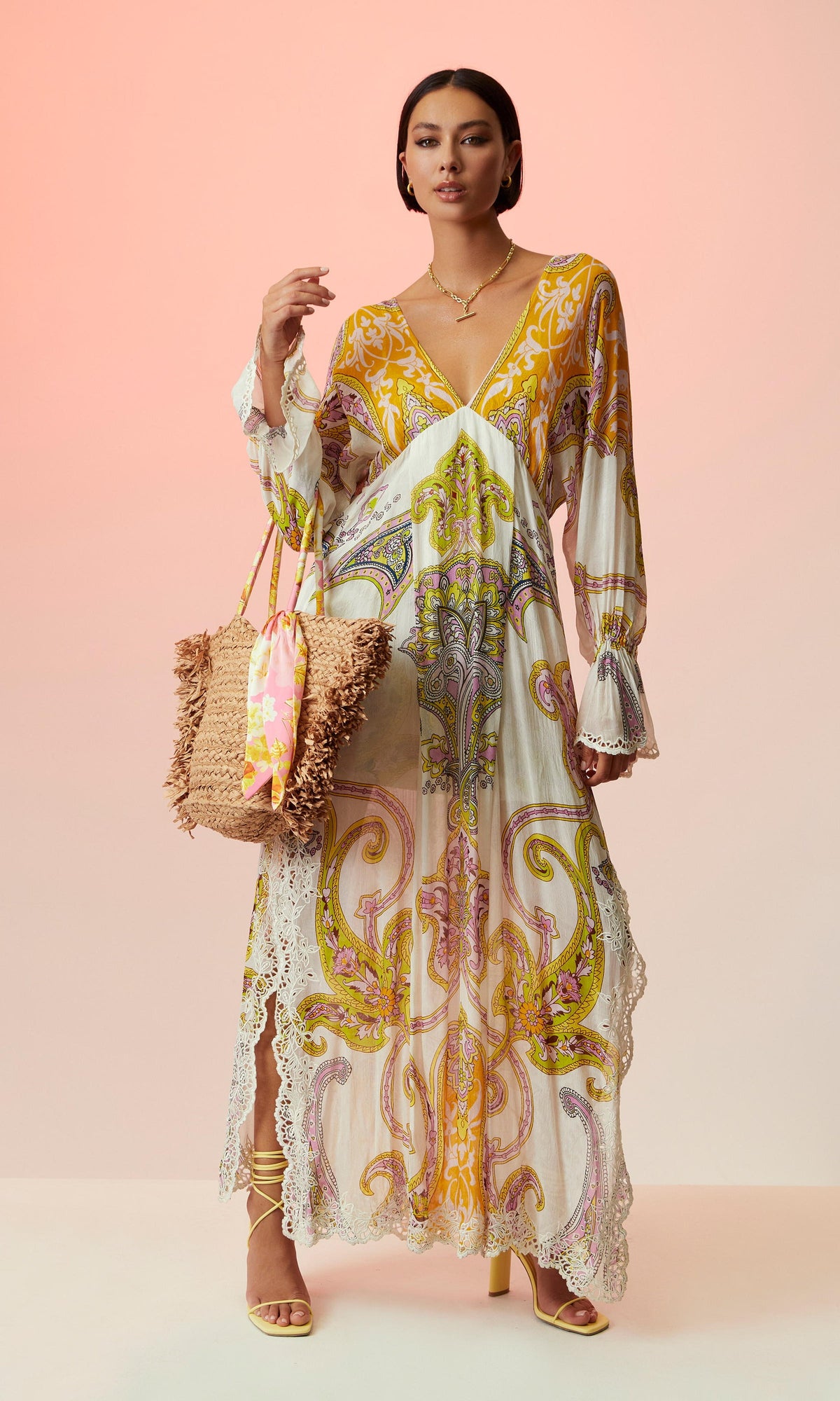 Womens | Agra Viscose Crepe Geometrical Jacquard Kaftan | Off White