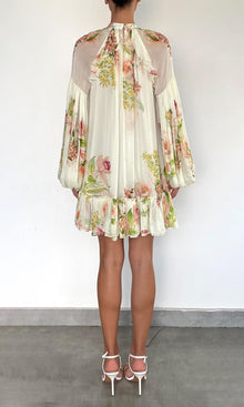 Hemant And Nandita | Aiva Viscose Flat Chiffon Ruffle Mini Dress With Tie Up Belt | Ivory Floral