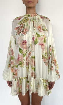 Hemant And Nandita | Aiva Viscose Flat Chiffon Ruffle Mini Dress With Tie Up Belt | Ivory Floral