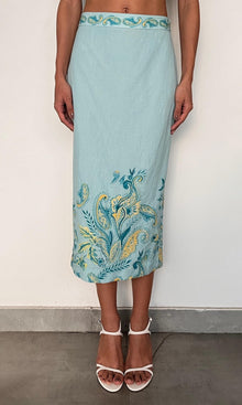 Womens | Amari Linen Cotton Fitted Midi Skirt | Turquoise Multi