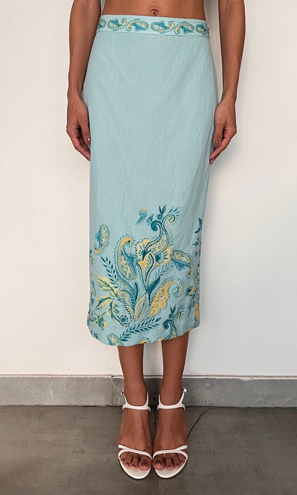 Womens | Amari Linen Cotton Fitted Midi Skirt | Turquoise Multi