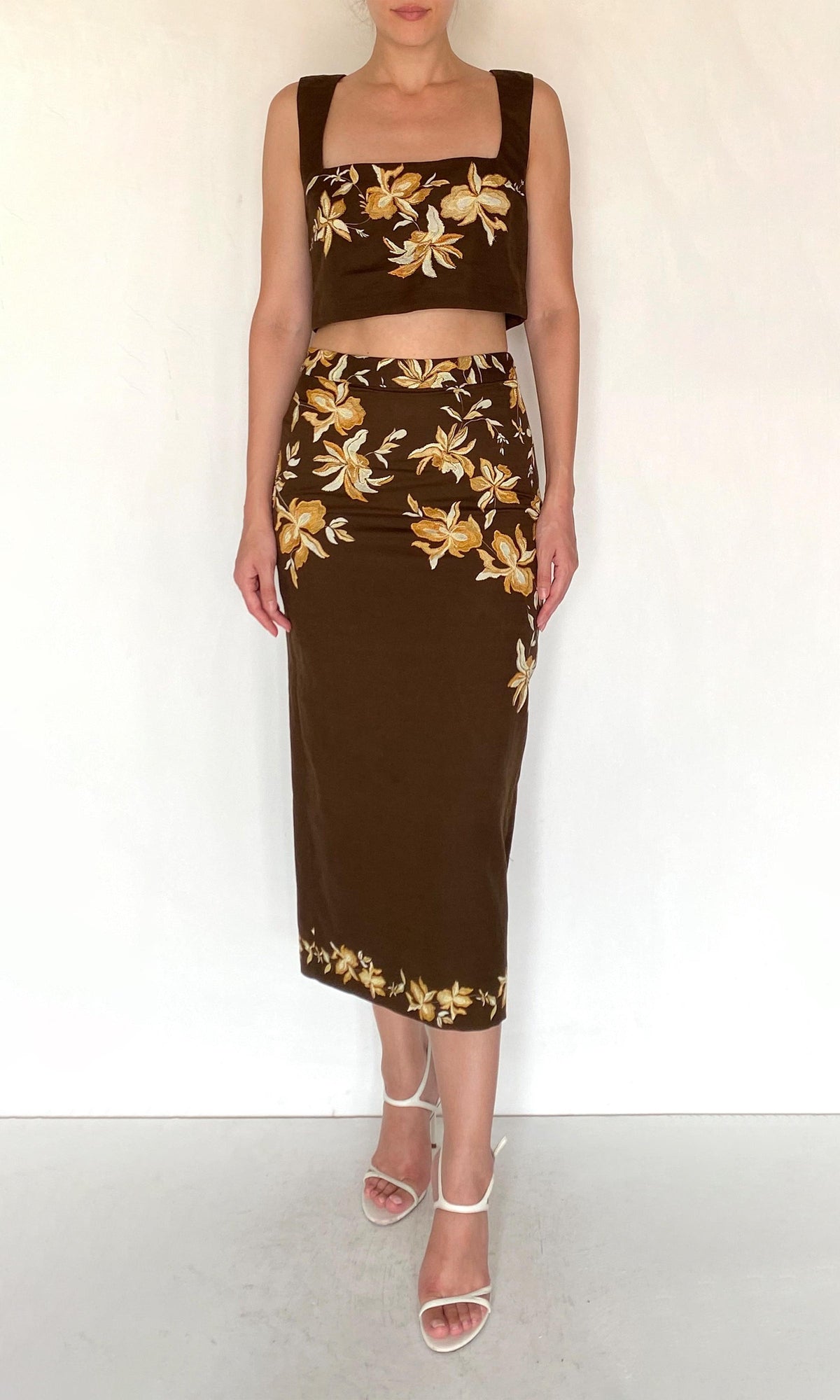 Womens | Bota Linen Cotton Fitted Midi Skirt | Brown