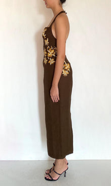 Hemant And Nandita | Bota Linen Cotton Halter Straps Ankle Length Dress | Brown