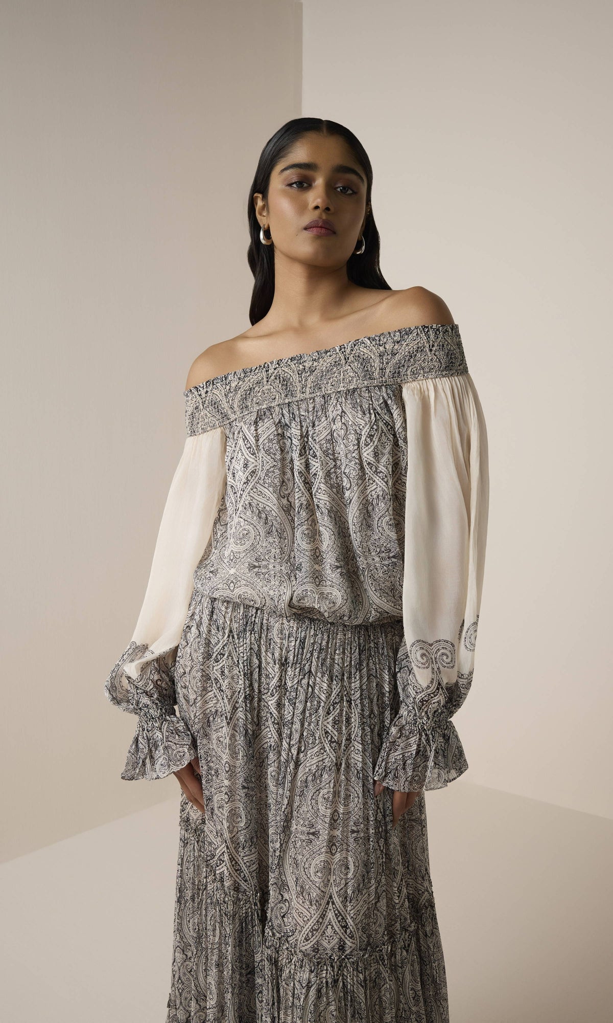 Hemant And Nandita | Chavi Viscose Flat Chiffon Tiered Maxi Skirt | Eggshell