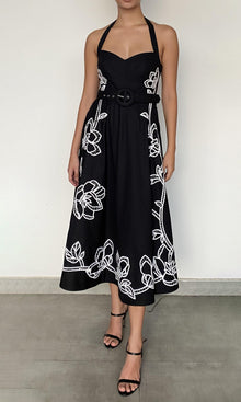 Hemant And Nandita | Daha Cotton Poplin Midi Dress With Buckle Belt | Black White