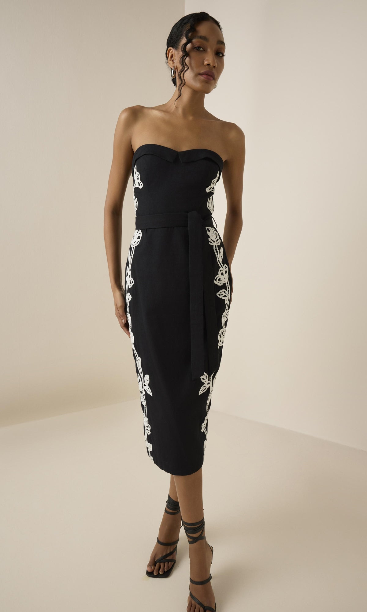 Hemant And Nandita | Daha Cotton Linen Midi Dress With Tie Up Belt | Black White