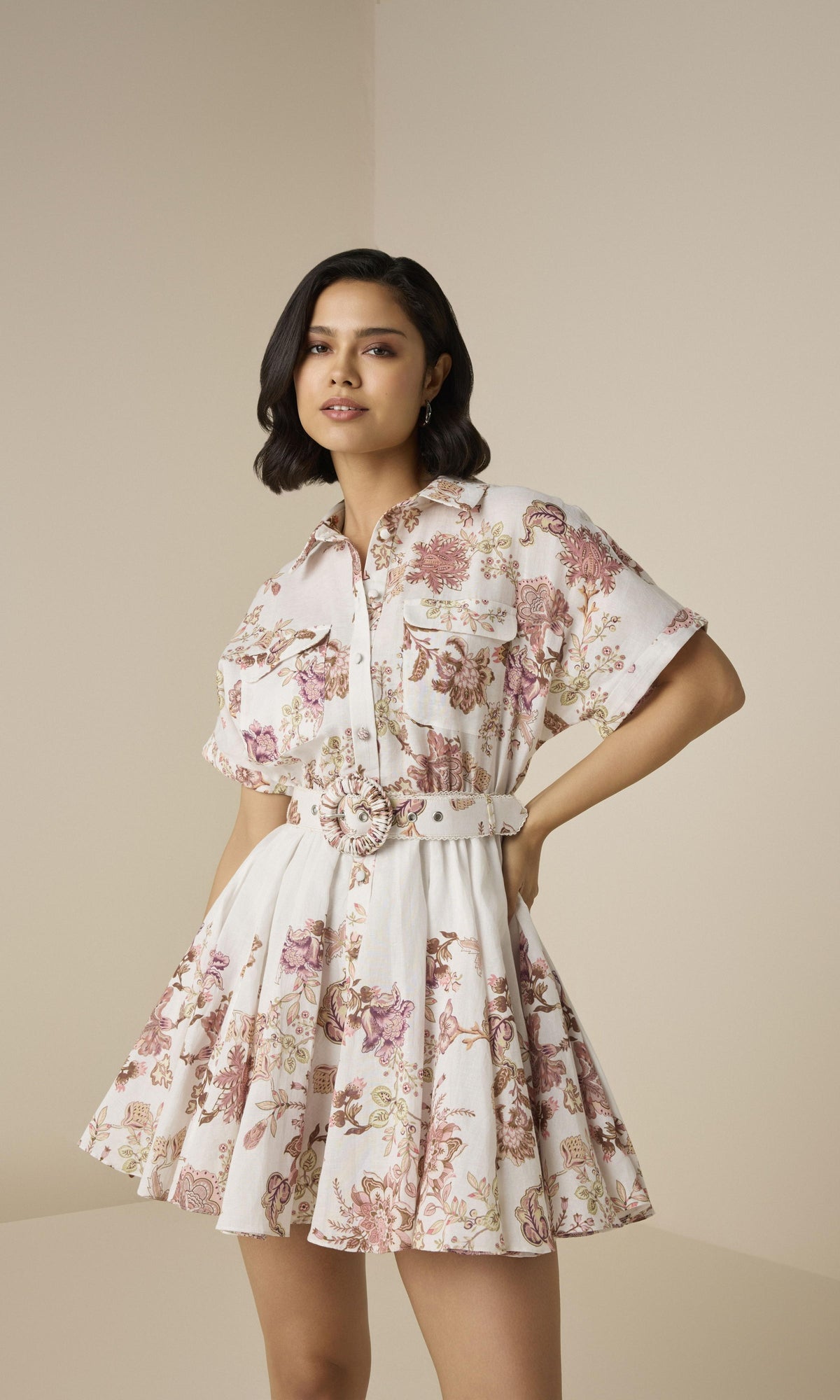 Hemant And Nandita | Diza Linen Cotton Short Dress With Buckle Belt | White