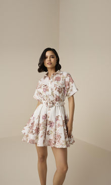Hemant And Nandita | Diza Linen Cotton Short Dress With Buckle Belt | White