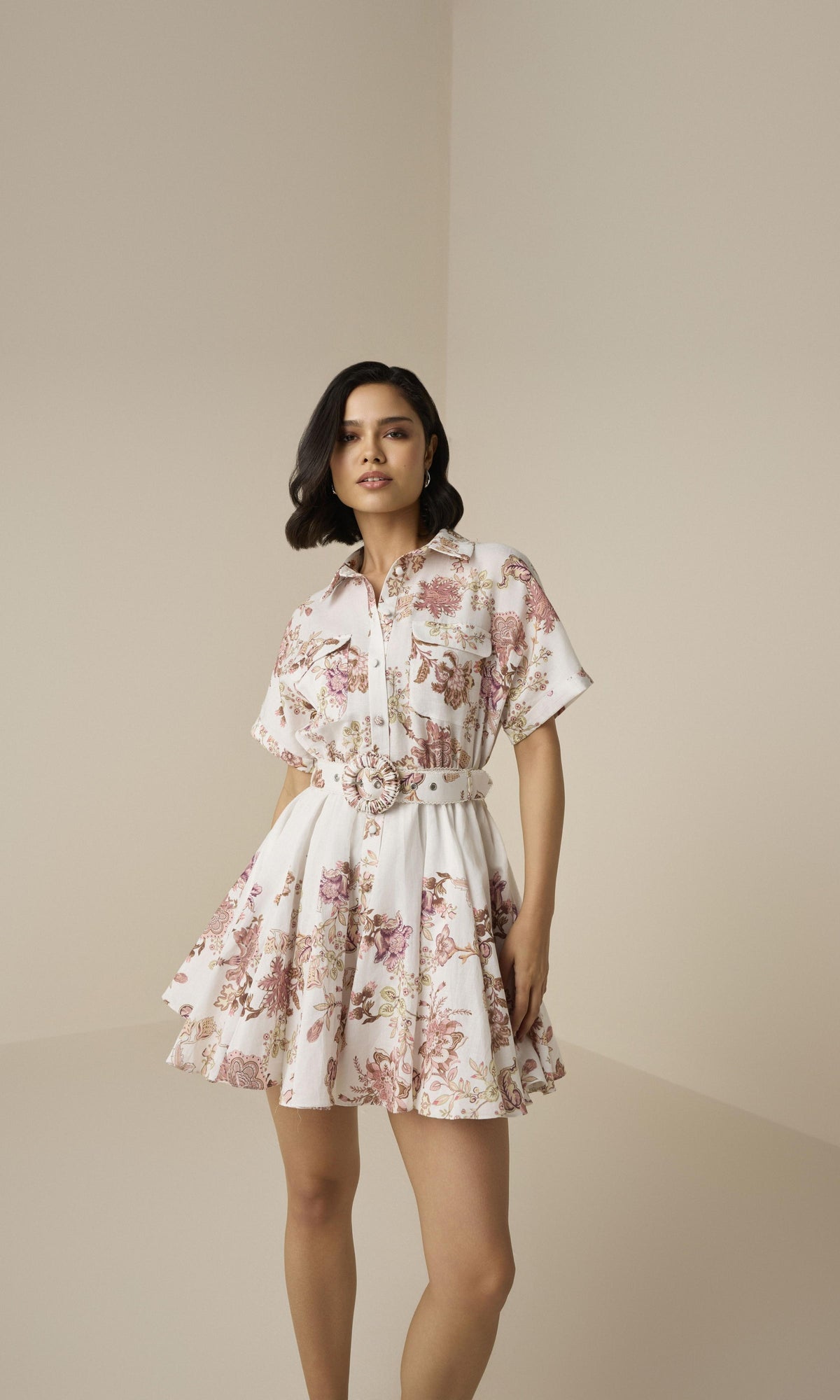 Hemant And Nandita | Diza Linen Cotton Short Dress With Buckle Belt | White