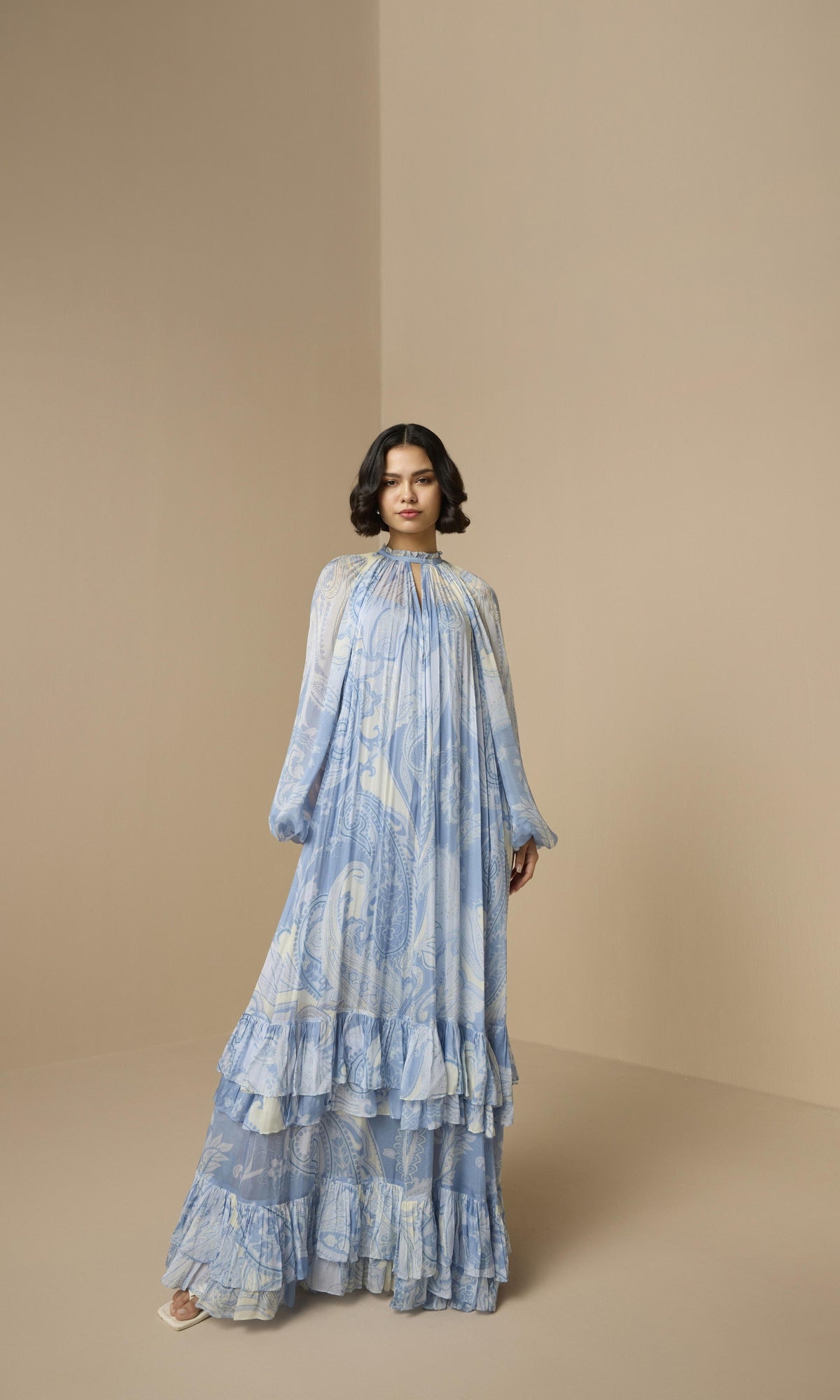 Hemant And Nandita | Fiza Viscose Flat Chiffon Maxi Dress With Slip | Powder Blue