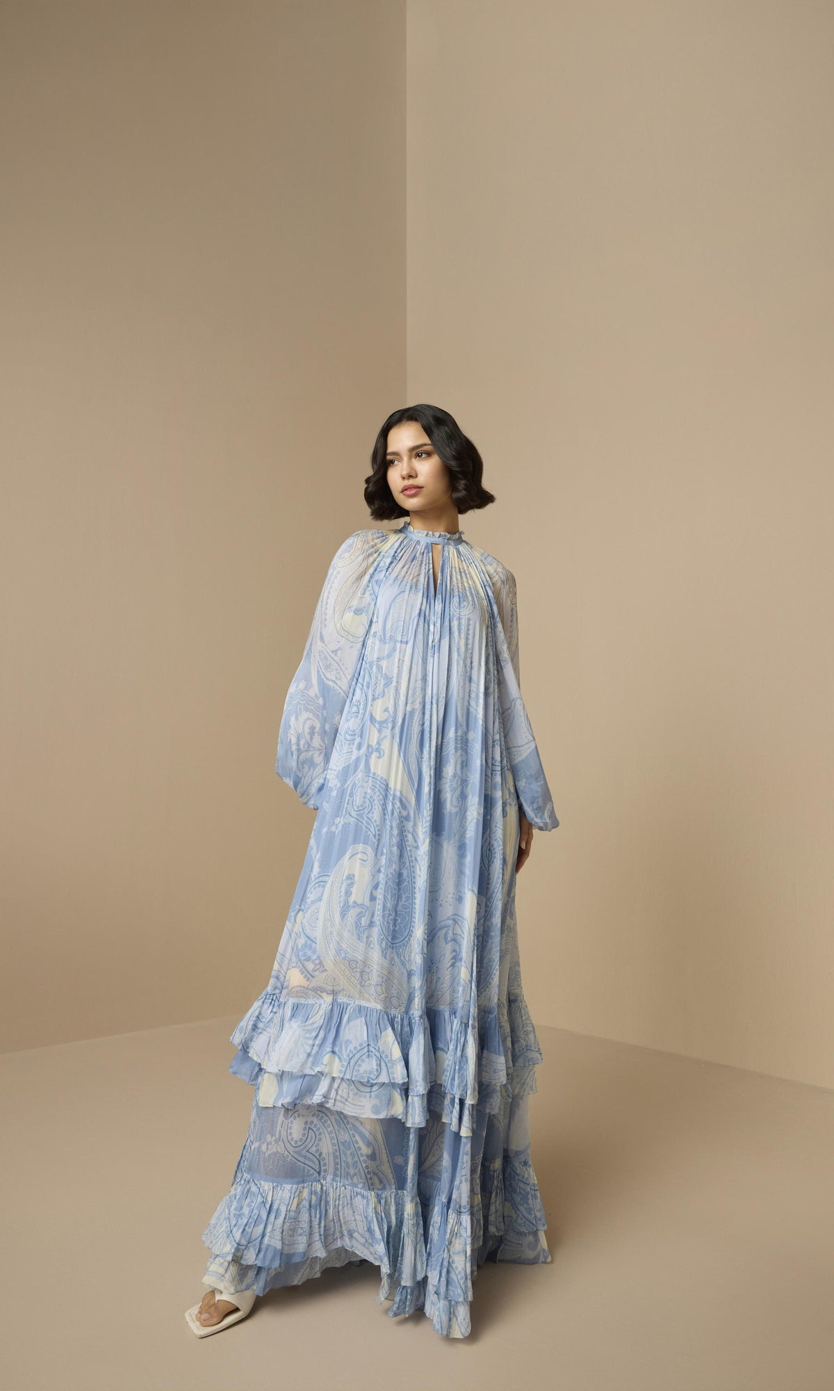 Hemant And Nandita | Fiza Viscose Flat Chiffon Maxi Dress With Slip | Powder Blue