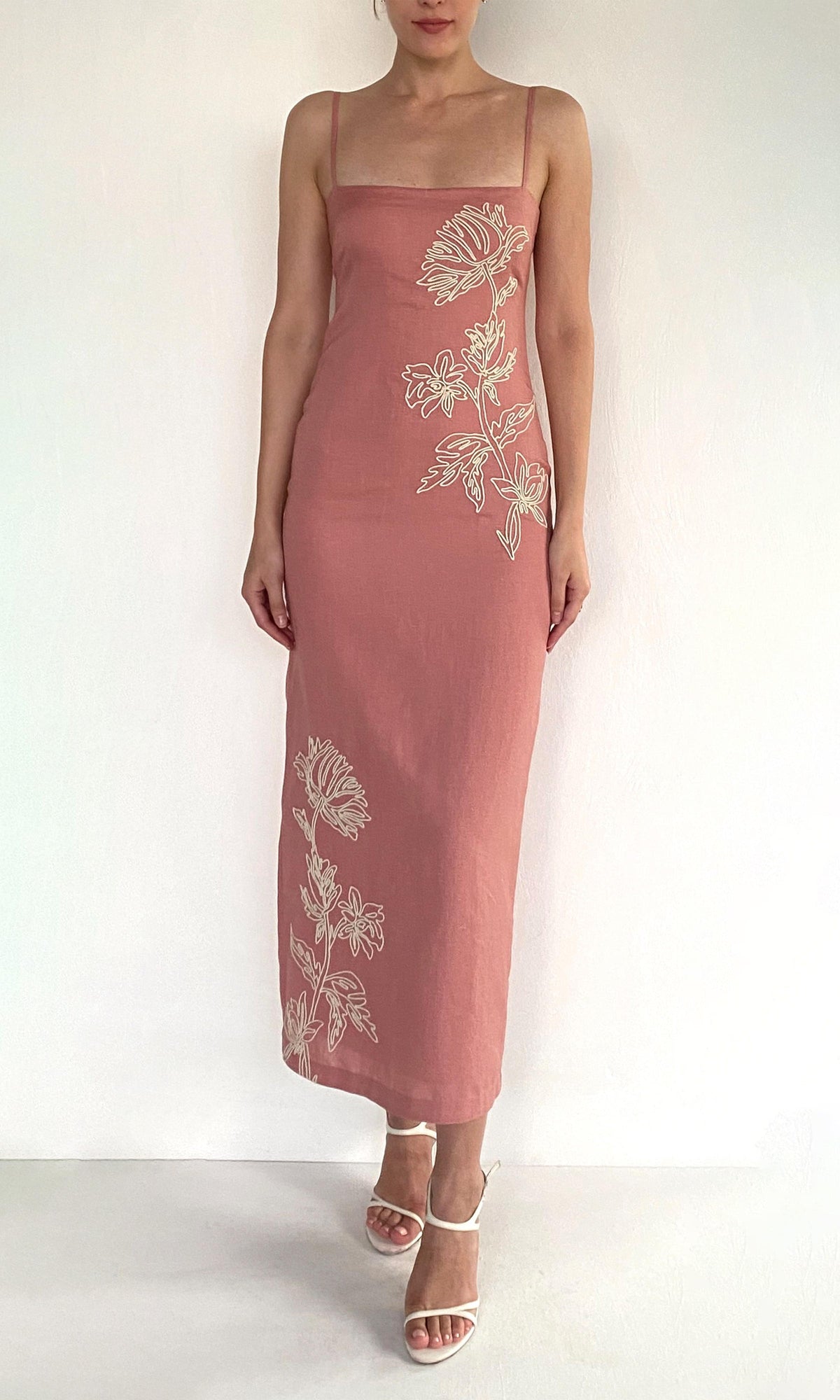 Hemant And Nandita | Gul Linen Cotton Strappy Midi Dress | Dusty Pink