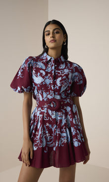 Hemant And Nandita | Hiba Linen Cotton Collared Mini Shirt Dress | Merlot