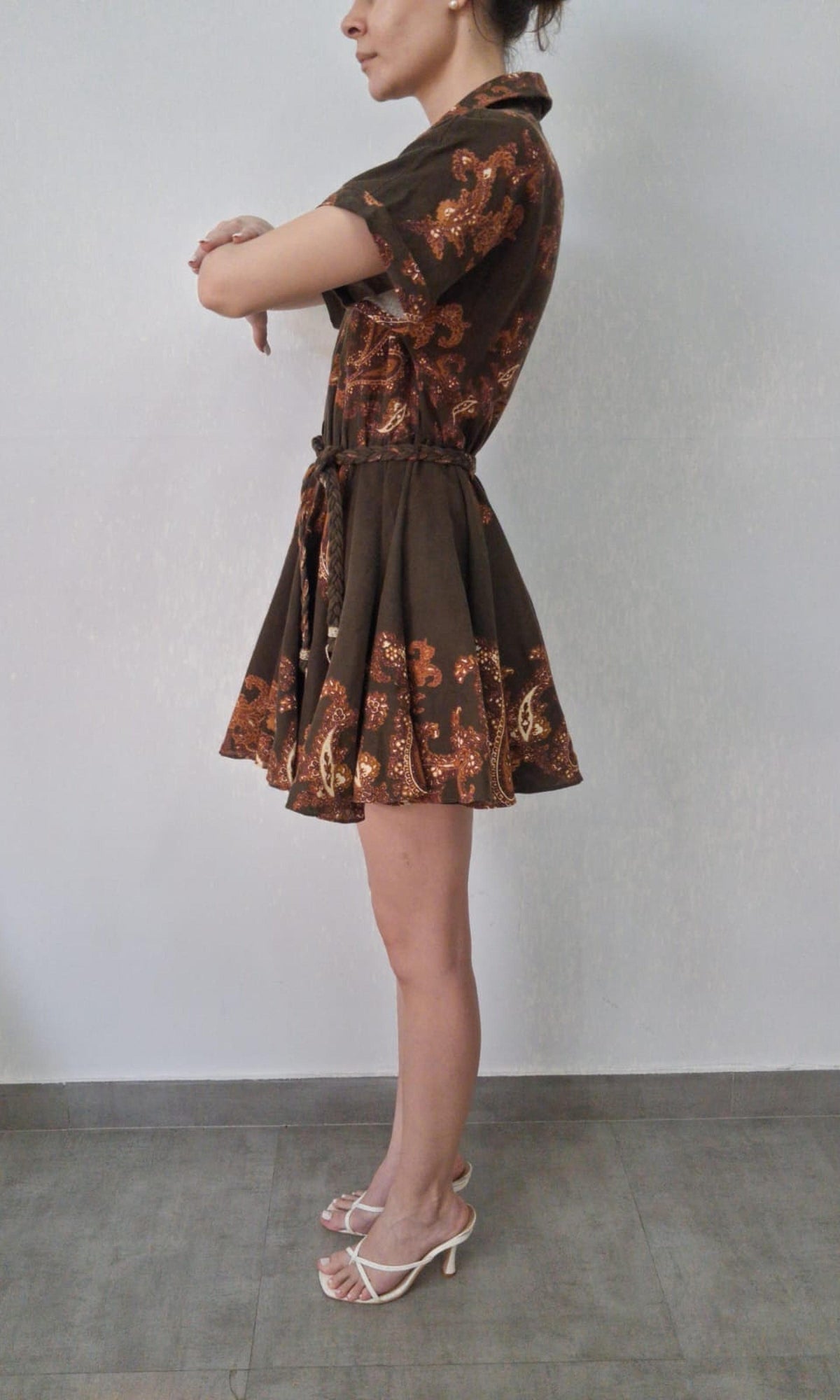 Hemant And Nandita | Inv Cotton Lilen Short Dress Braided Belt | Brown Multi