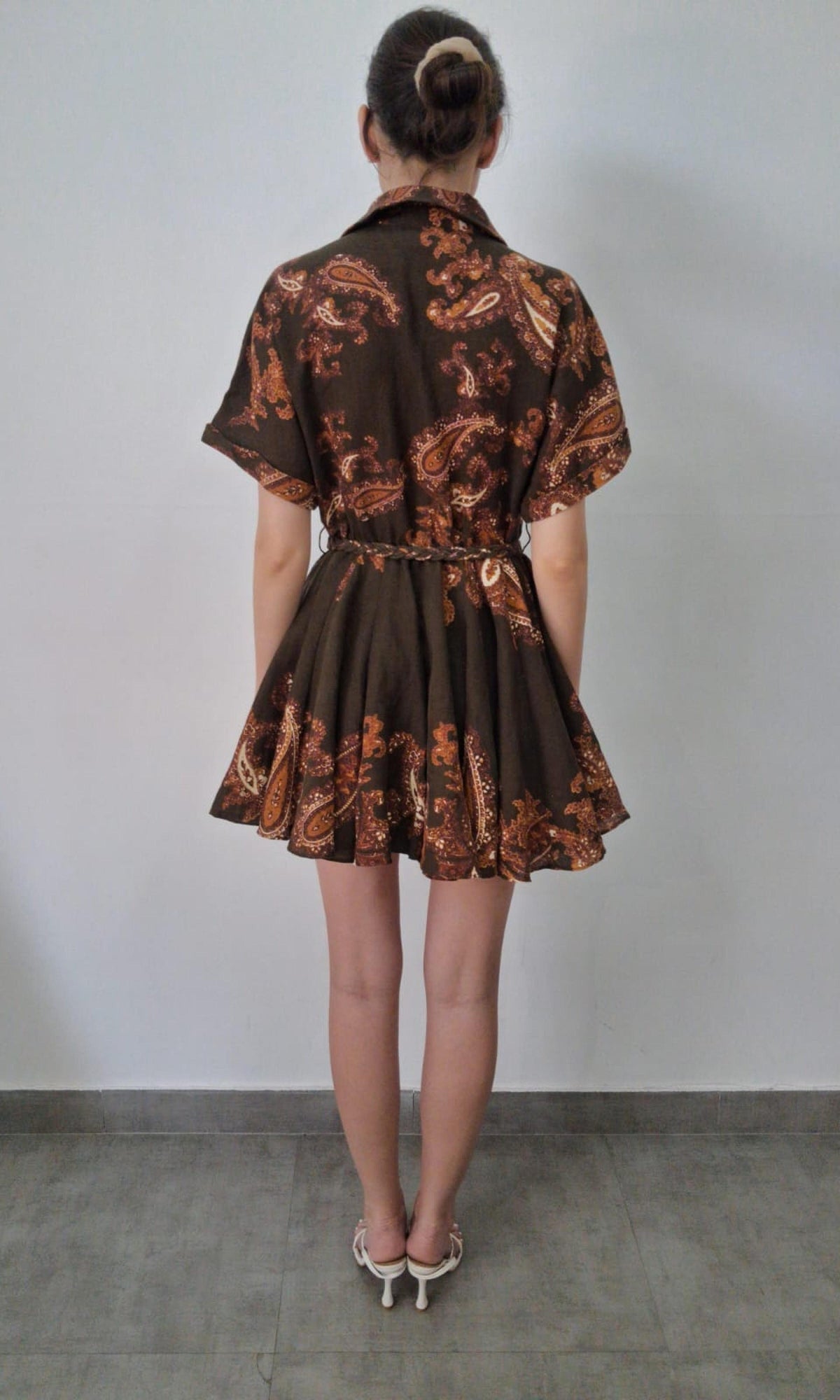 Hemant And Nandita | Inv Cotton Lilen Short Dress Braided Belt | Brown Multi