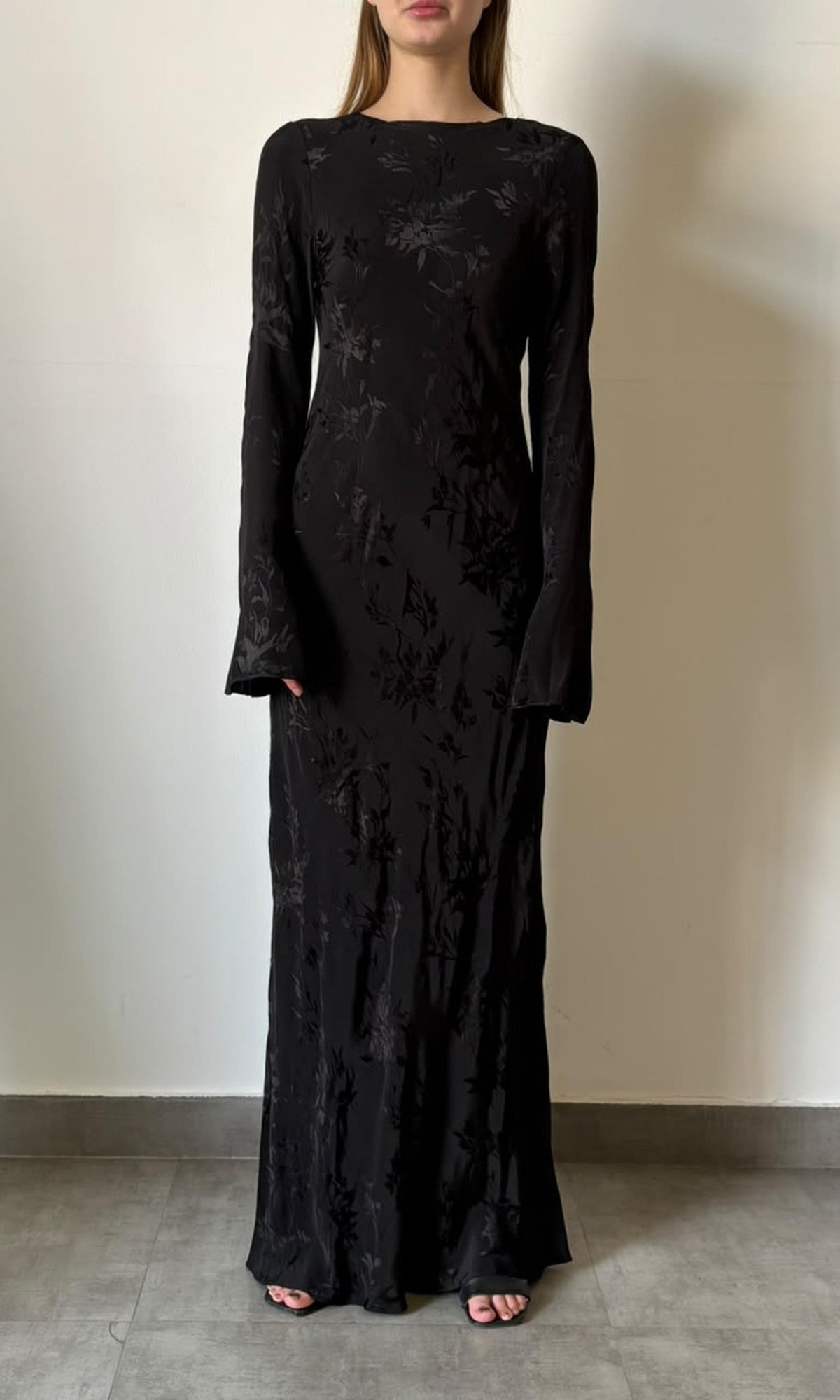 Hemant And Nandita | Inv Viscose Flower Jacquard Boat Neck Maxi Dress | Black