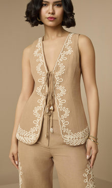 Hemant And Nandita | Mihi Linen Cotton Straight Pants With Buckle Belt | Brown Off White