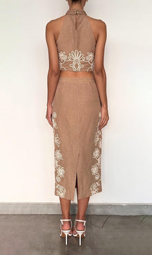 Womens | Mihi Linen Cotton Halter Neck Top | Brown Off White