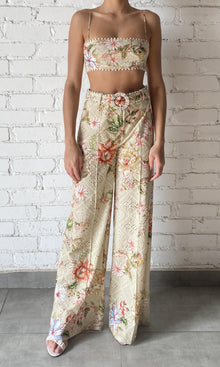 Womens | Nava Cotton Schiffli Flared Pants With Buckle Belt | Beige
