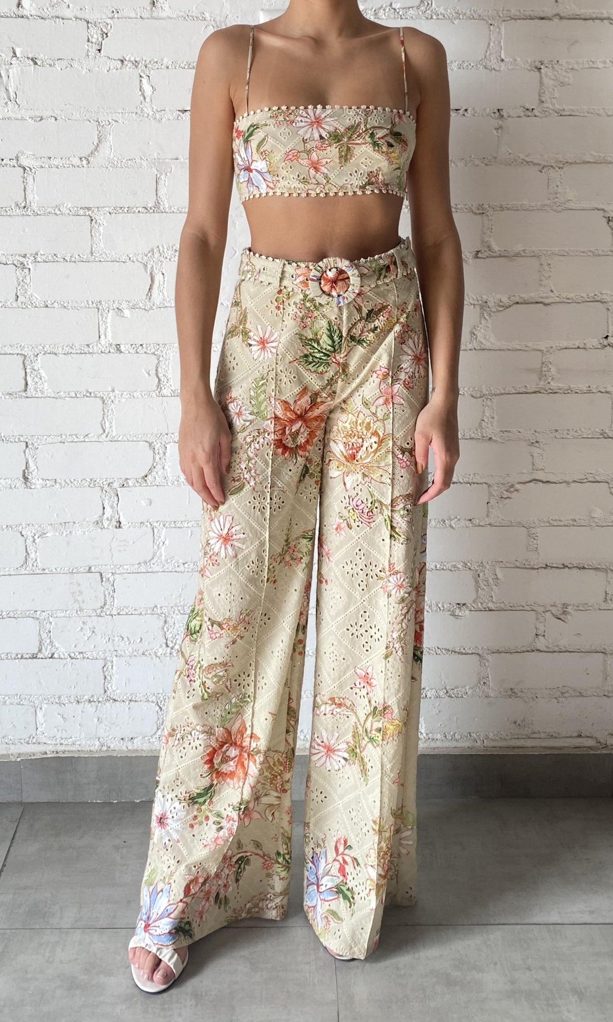 Womens | Nava Cotton Schiffli Flared Pants With Buckle Belt | Beige