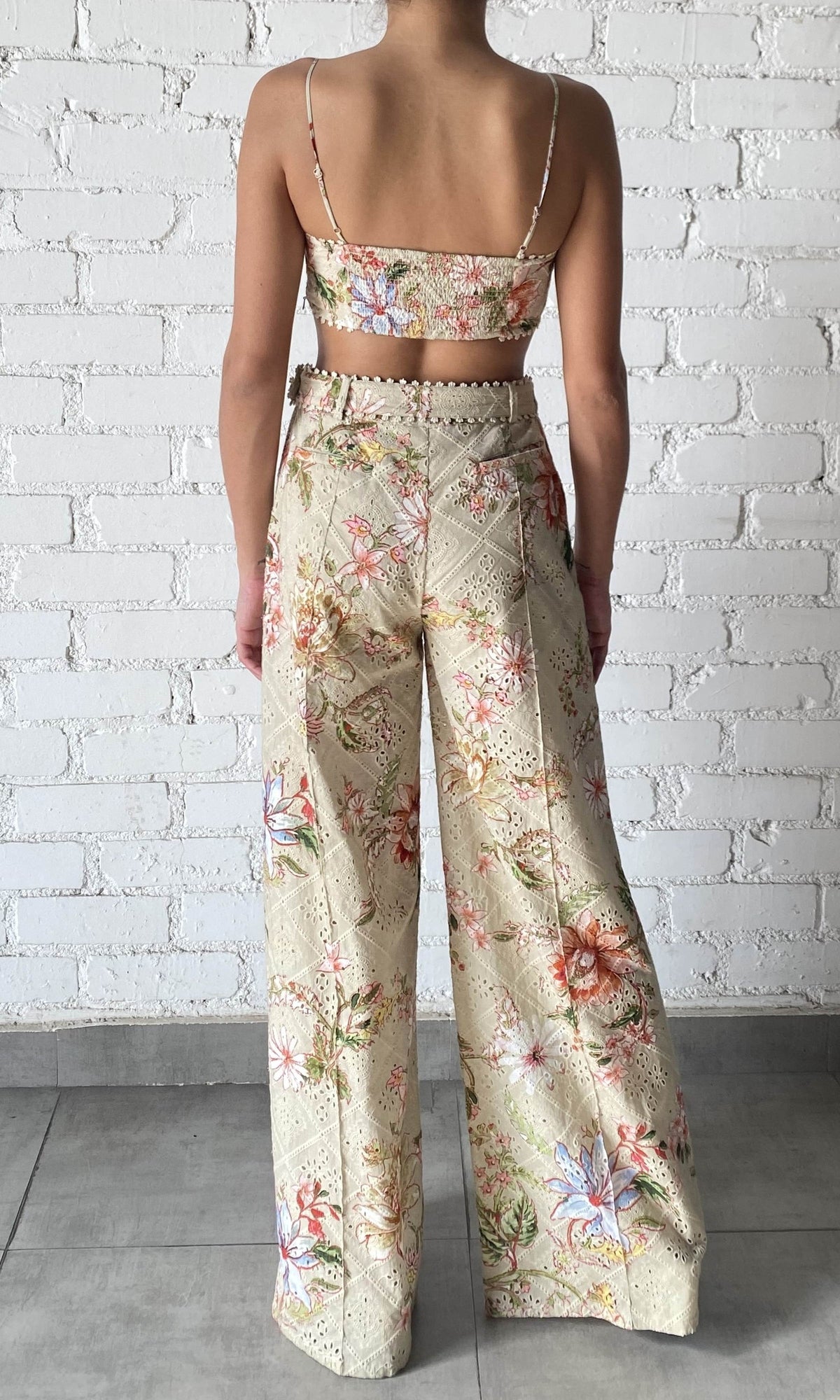 Womens | Nava Cotton Schiffli Flared Pants With Buckle Belt | Beige