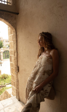 Hemant And Nandita | Nima Viscose Linen Strapless Long Dress With Buckle Belt | Light Brown/White