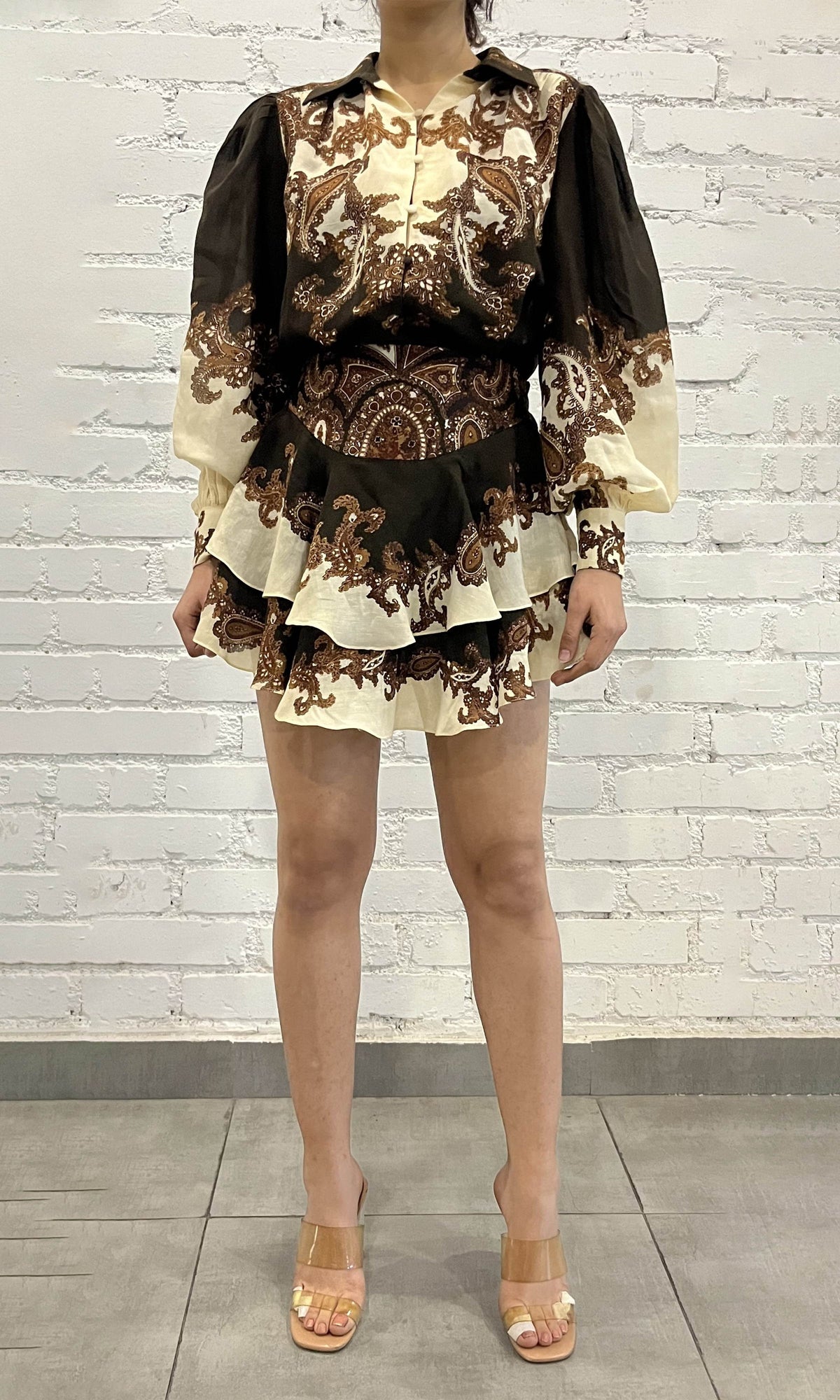 Hemant And Nandita | Omya Viscose Georgette Jacquard Short Skirt | Brown Multi