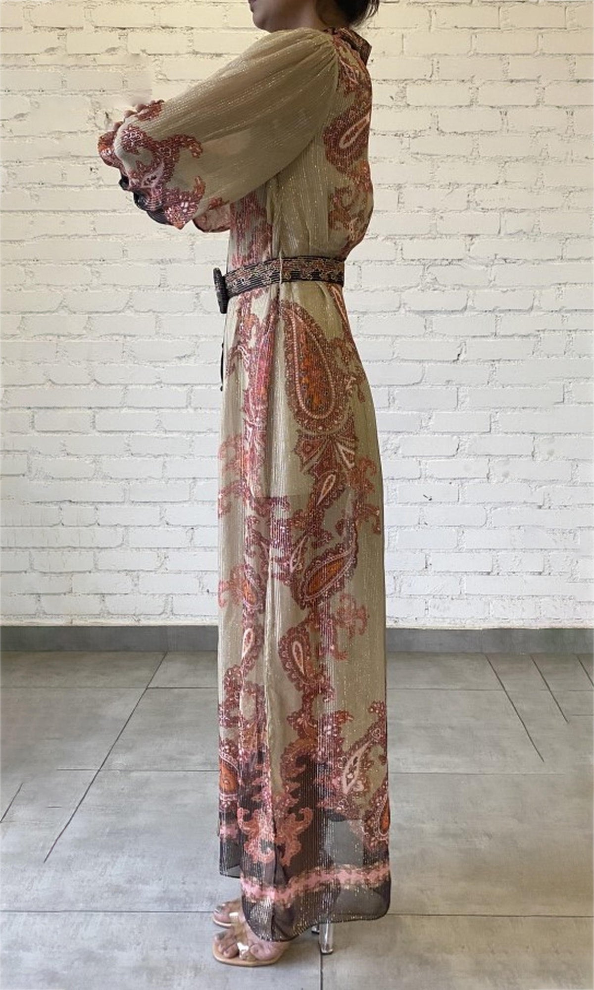 Hemant And Nandita | Omya Viscose Georgette Stripe Lurex Shirt Dress With Slip And Belt | Pink Paisely