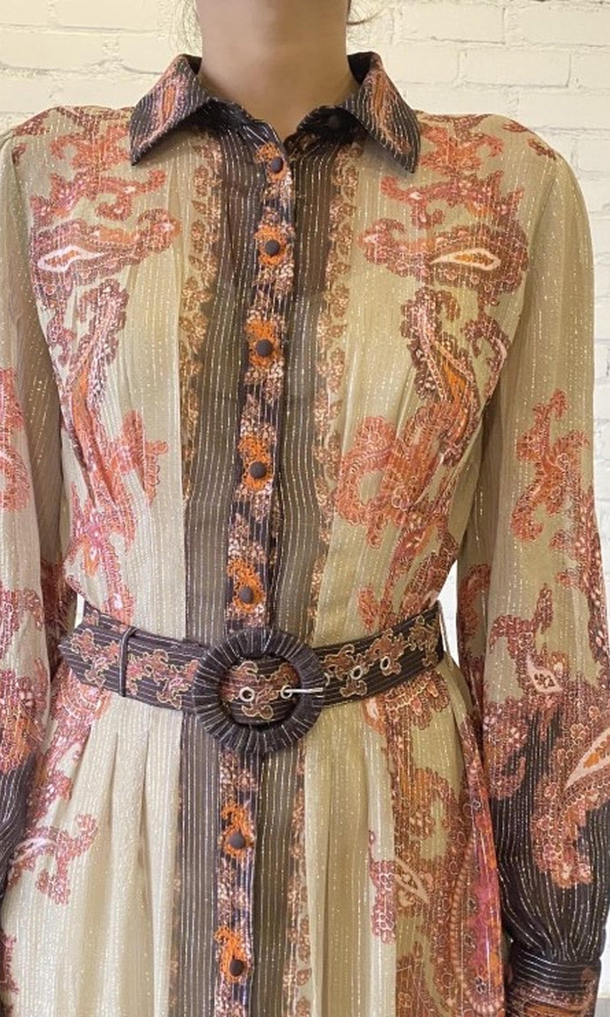Hemant And Nandita | Omya Viscose Georgette Stripe Lurex Shirt Dress With Slip And Belt | Pink Paisely