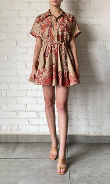 Hemant And Nandita | Omya Linen Cotton Short Dress With Tie Up Belt | Beige/Orange Multi
