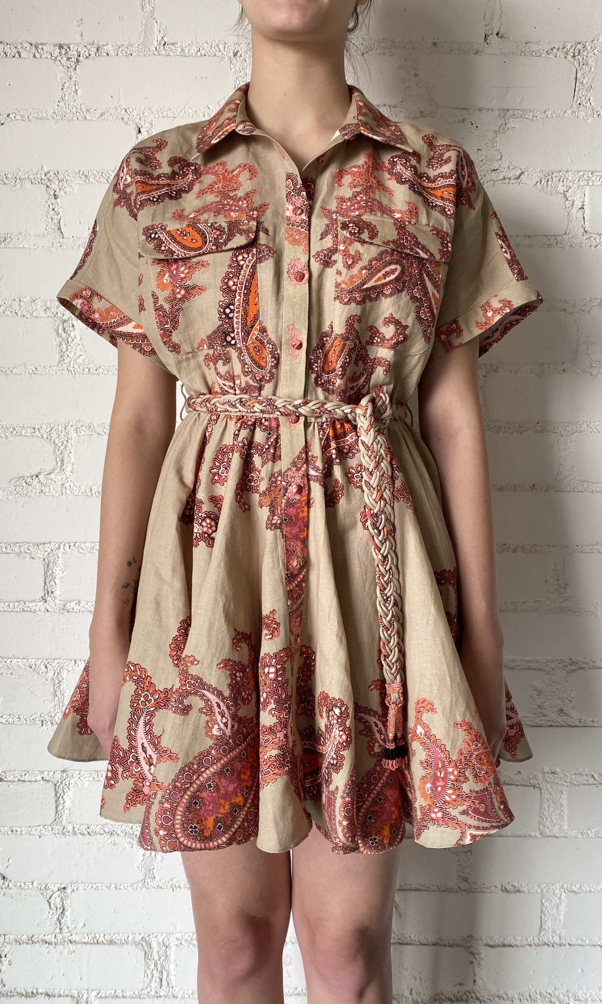 Hemant And Nandita | Omya Linen Cotton Short Dress With Tie Up Belt | Beige/Orange Multi