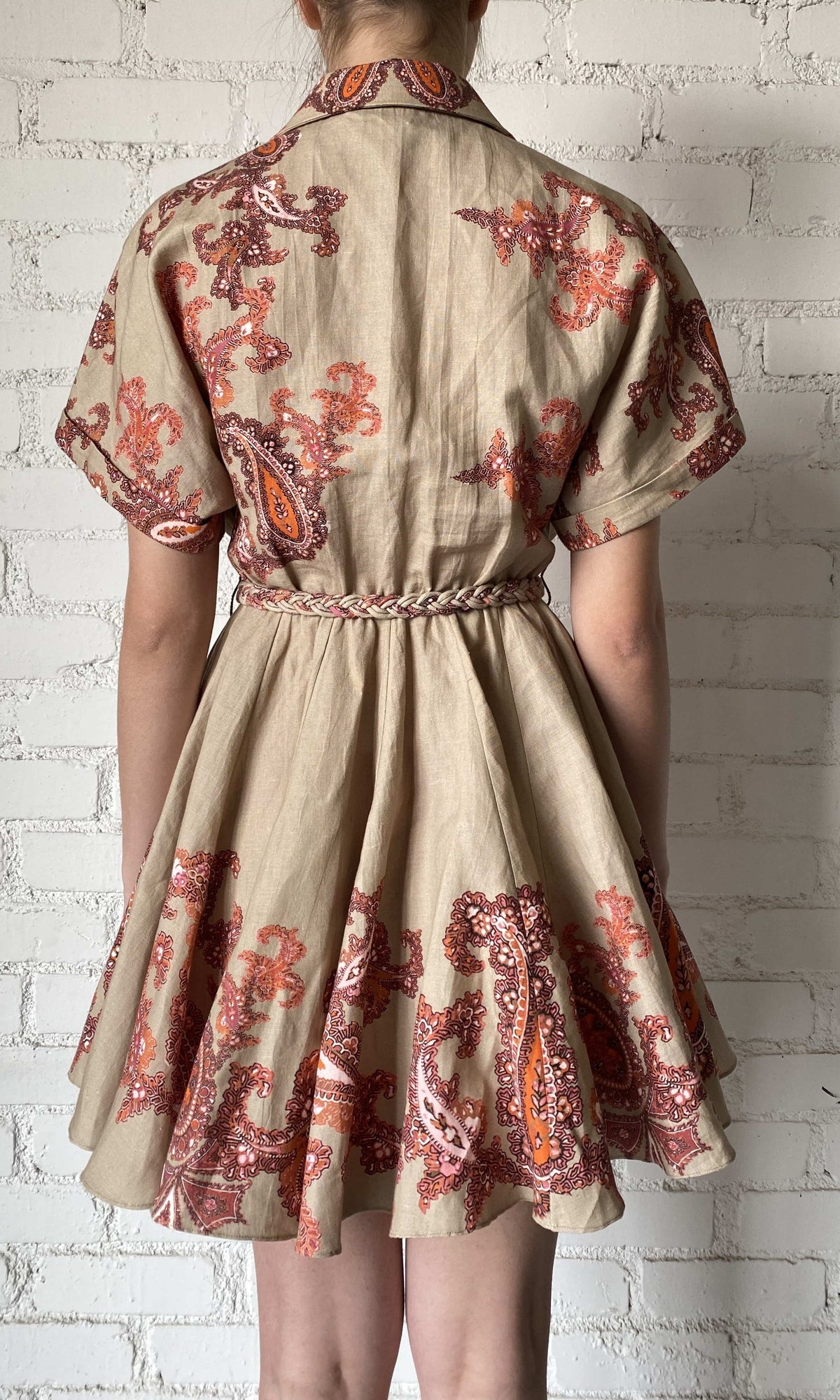 Hemant And Nandita | Omya Linen Cotton Short Dress With Tie Up Belt | Beige/Orange Multi
