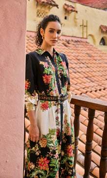 Womens | Pahi Linen Cotton Long Shirt Dress With Handcrafted Button And Buckle Belt | Black Offwhite Floral