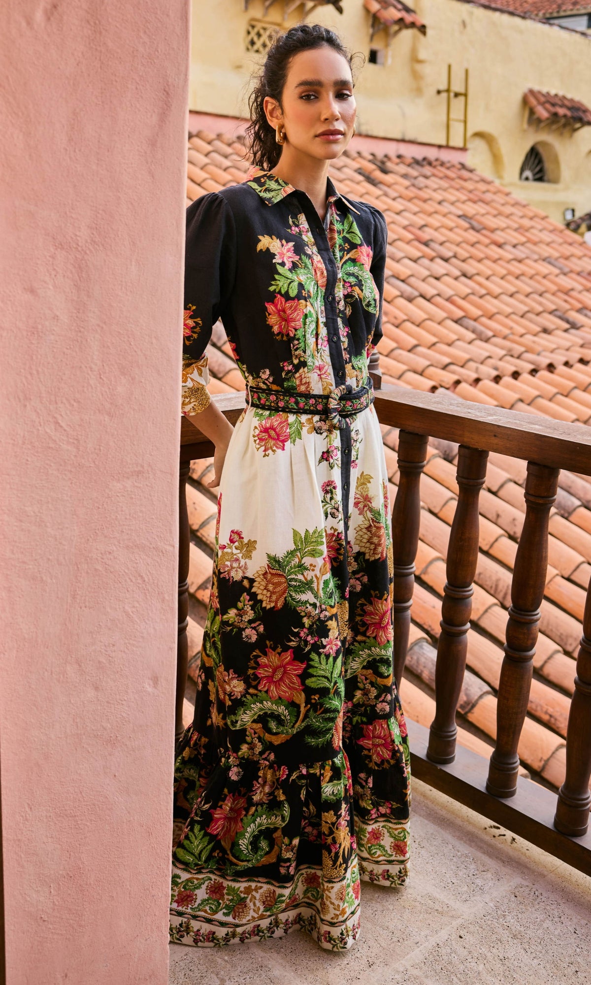 Womens | Pahi Linen Cotton Long Shirt Dress With Handcrafted Button And Buckle Belt | Black Offwhite Floral