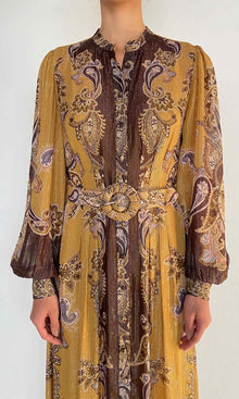 Hemant And Nandita | Reem Viscose Georgette Lurex Shirt Dress With Buckle Belt And Slip | Brown
