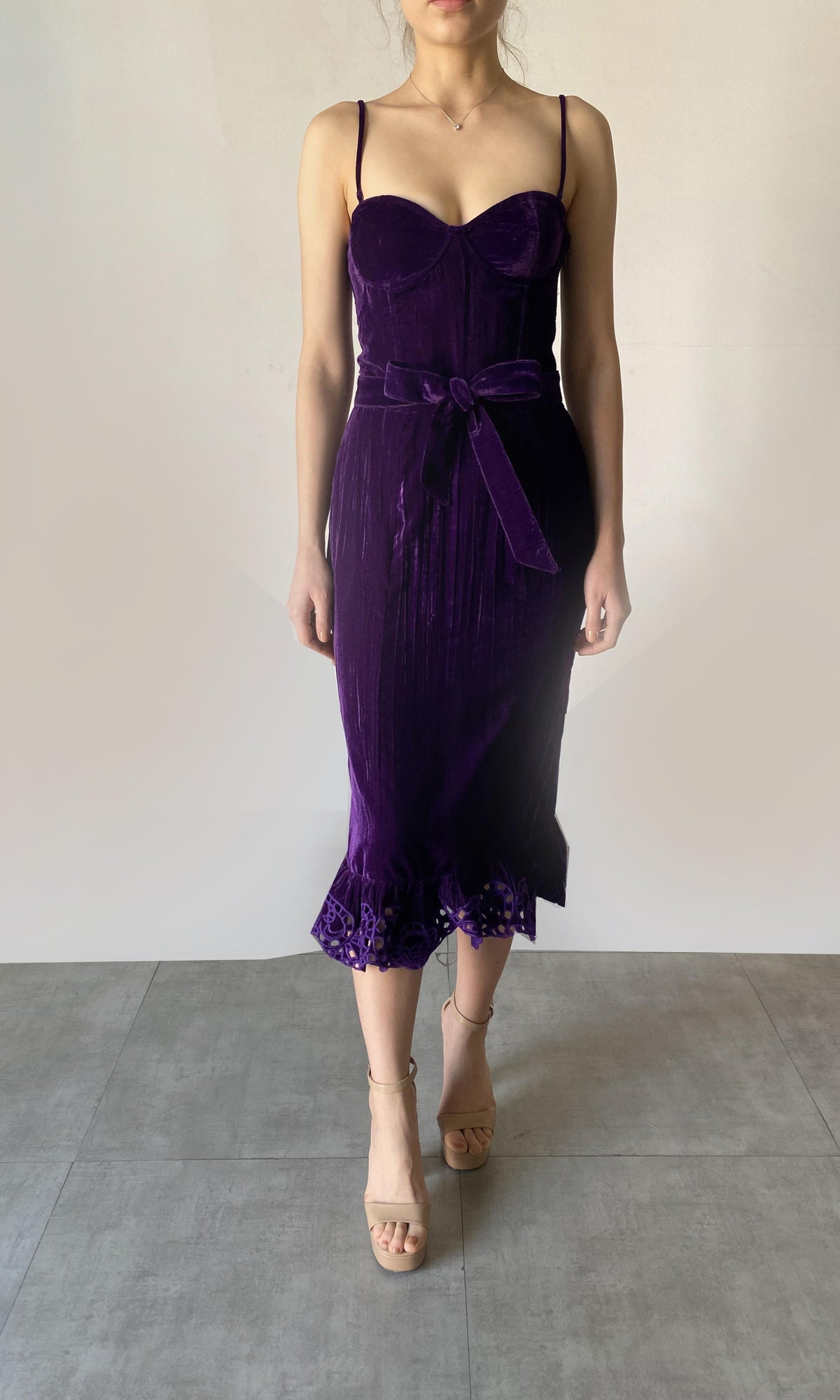 Womens | Reha Polyester Crushed Velvet Midi Dress | Purple
