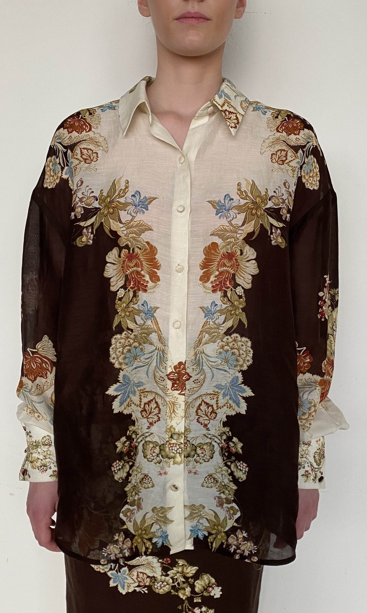 Womens | Rohi Viscose Linen Organza Oversized Shirt | Brown Multi