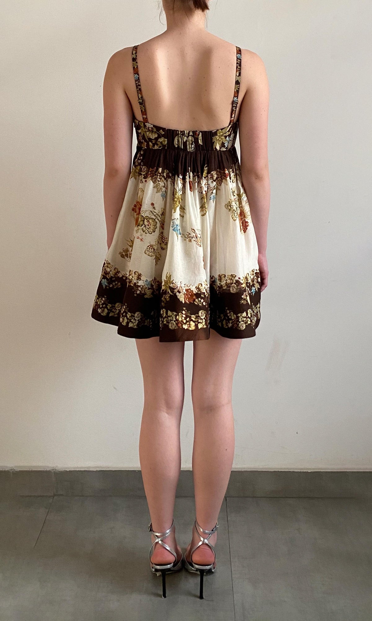 Hemant And Nandita | Rohi Viscose Linen Organza Short Dress With Quilted Yoke | Brown Multi