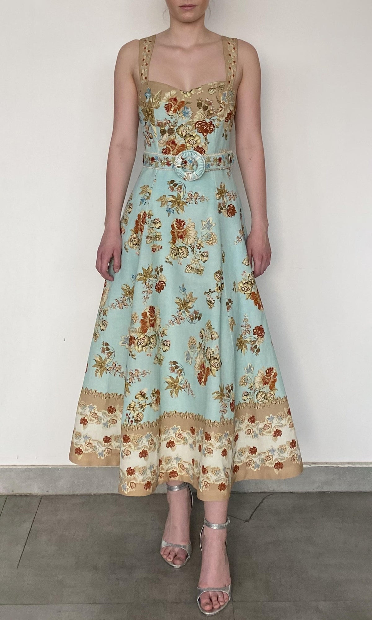 Womens | Rohi Linen Cotton Long Dress With Buckle Belt | Turquoise Multi