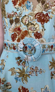 Womens | Rohi Linen Cotton Long Dress With Buckle Belt | Turquoise Multi