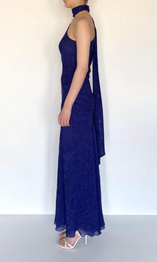 Hemant And Nandita | Ryka Viscose Georgette Jacquard Bias Maxi Dress With Sash | Midnight Blue