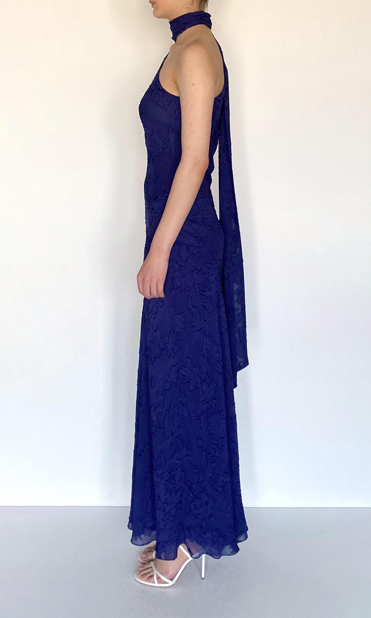 Hemant And Nandita | Ryka Viscose Georgette Jacquard Bias Maxi Dress With Sash | Midnight Blue