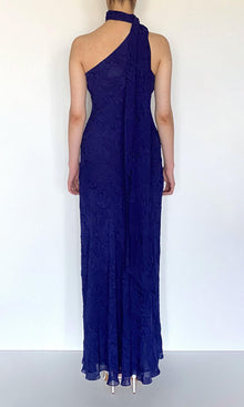 Hemant And Nandita | Ryka Viscose Georgette Jacquard Bias Maxi Dress With Sash | Midnight Blue