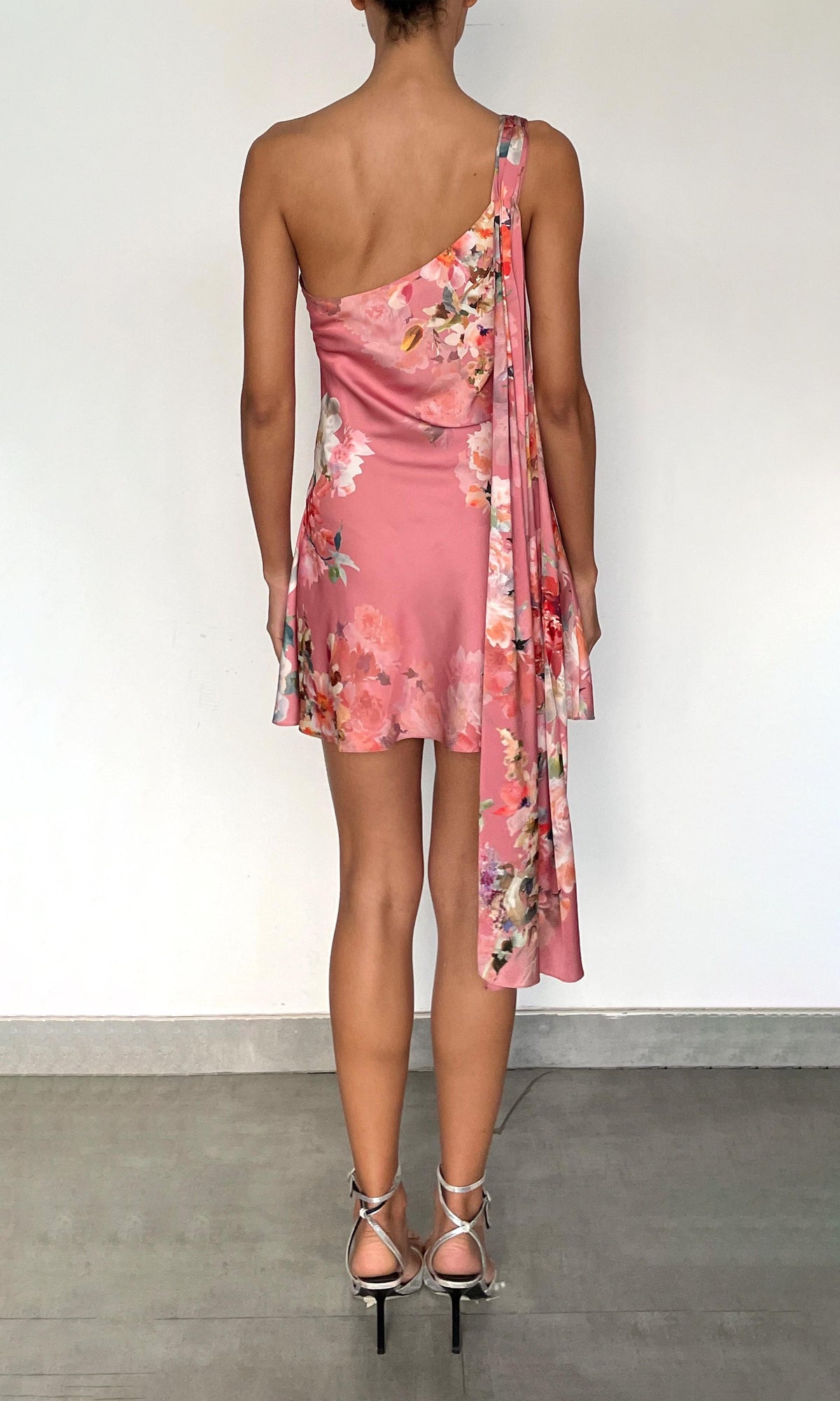Womens | Saba Polyester Satin Lycra One Shoulder Short Dress | Peach Floral