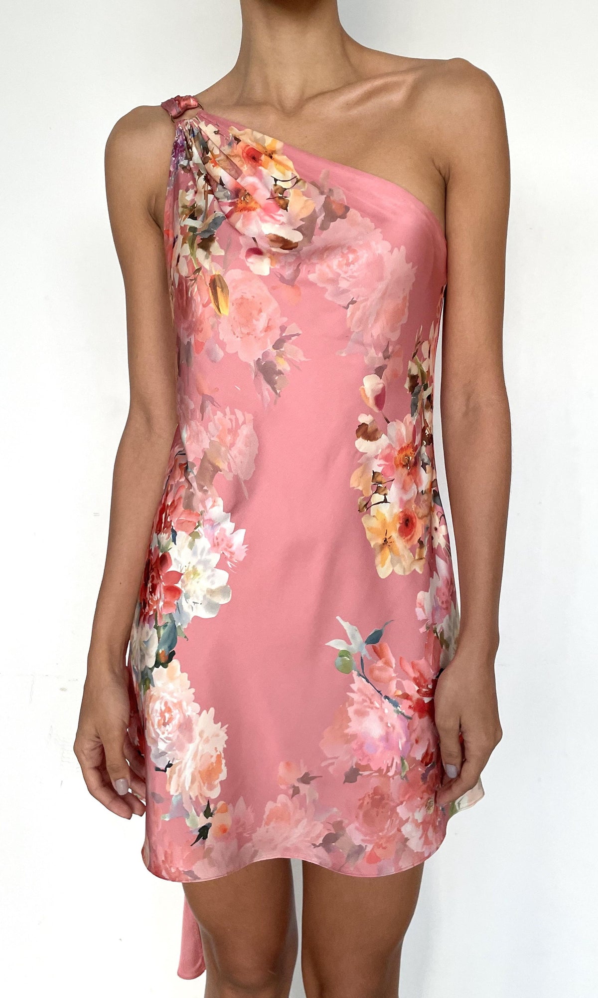 Womens | Saba Polyester Satin Lycra One Shoulder Short Dress | Peach Floral