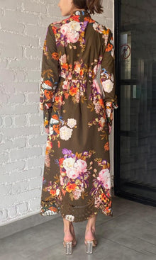 Hemant And Nandita | Tani Poplin Long Shirt Dress | Olive Green Floral
