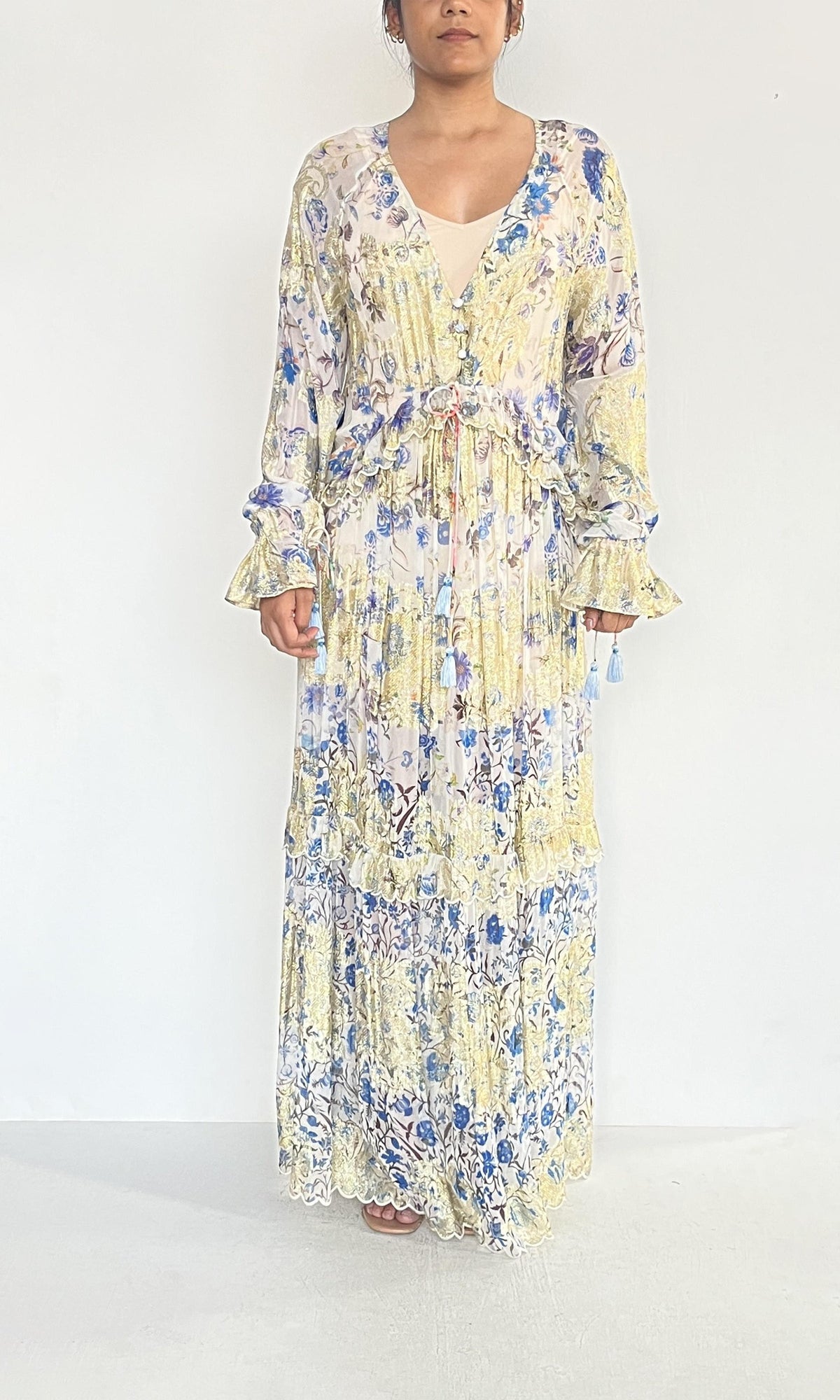 Womens | Tara Viscose Georgette Floral Lurex Kaftan | Pink