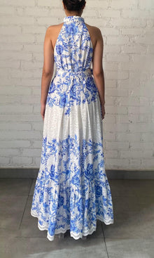 Hemant And Nandita | Tora Cotton Schiffli Long Dress With Buckle Belt | Blue/White