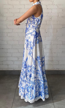 Hemant And Nandita | Tora Cotton Schiffli Long Dress With Buckle Belt | Blue/White